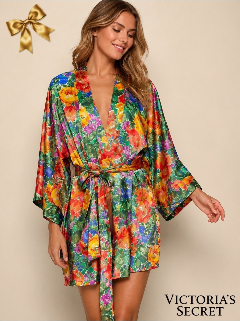 Victoria’s Secret Floral Satin Finish Wrap Robe Size Small Colorful Lounge Robe